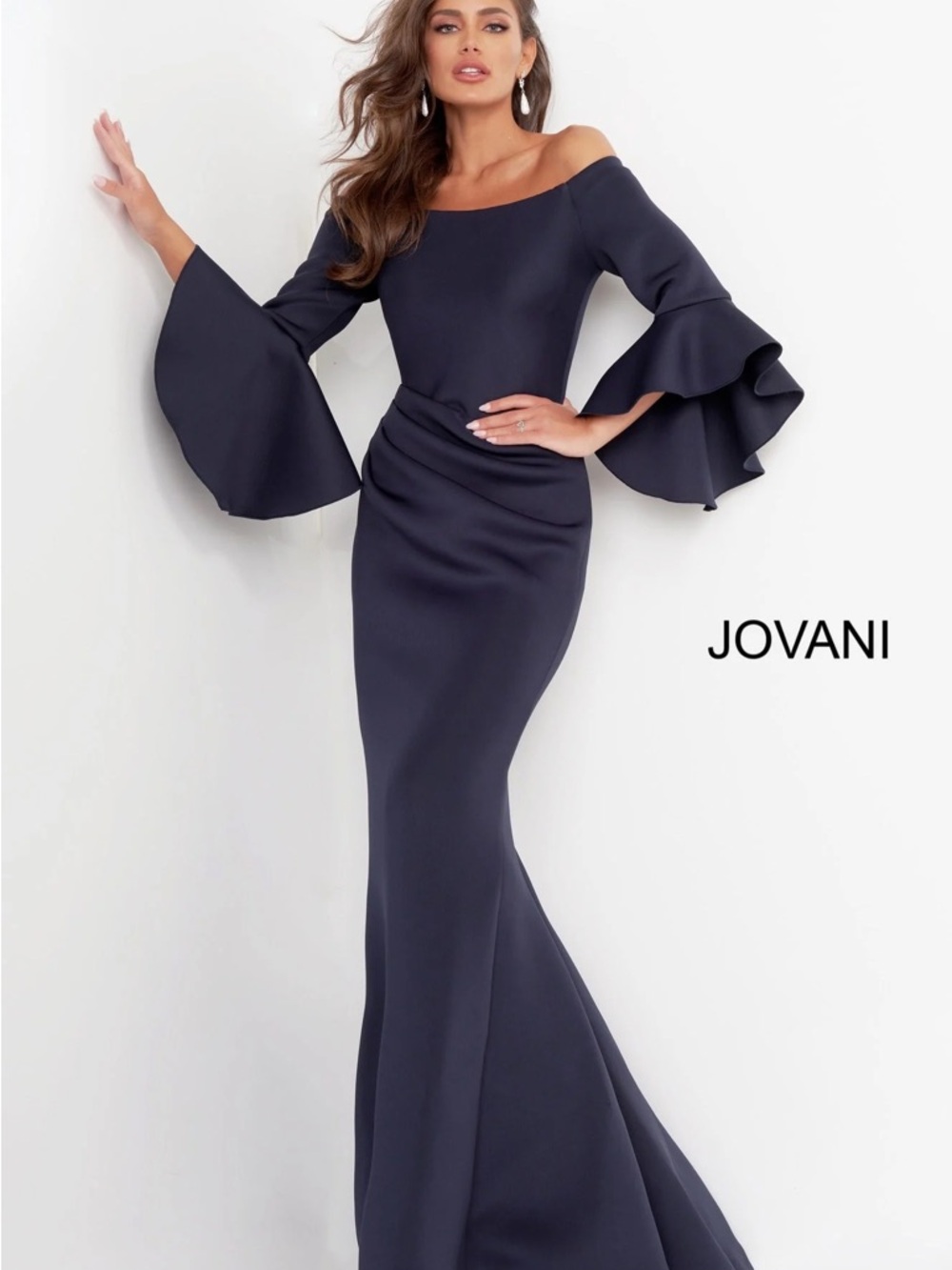 Jovani Midnight Navy Off-Shoulder Ruffle-Sleeve Mermaid Gown